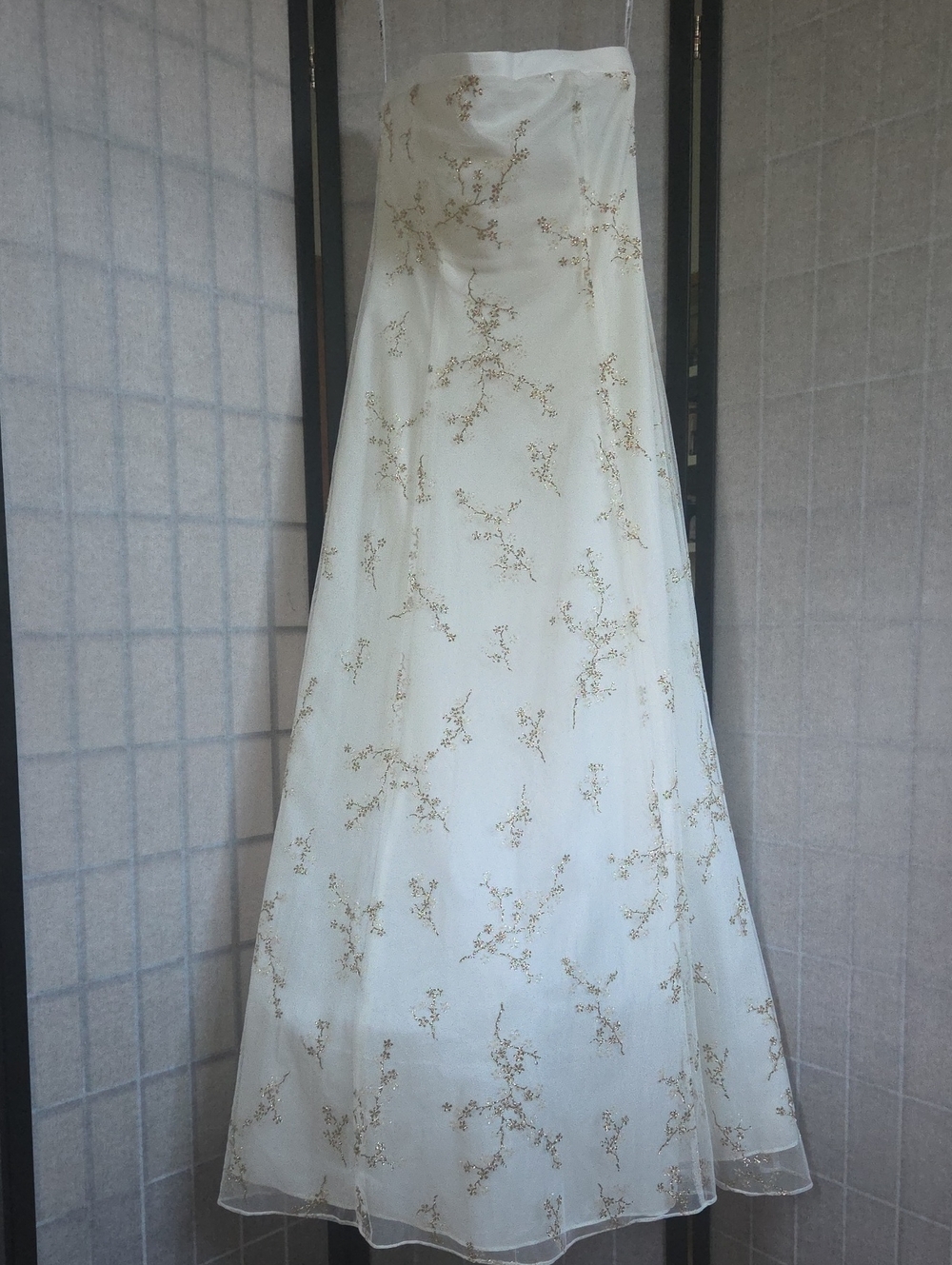 Ivory Strapless A-Line Maxi Dress with Gold Floral Print